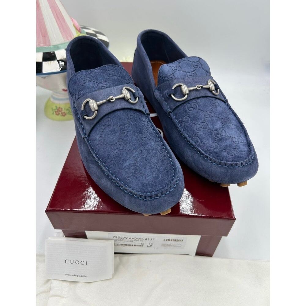 Men's Gucci blue suede GG embossed driver loafers size 12 fits 12.5 US